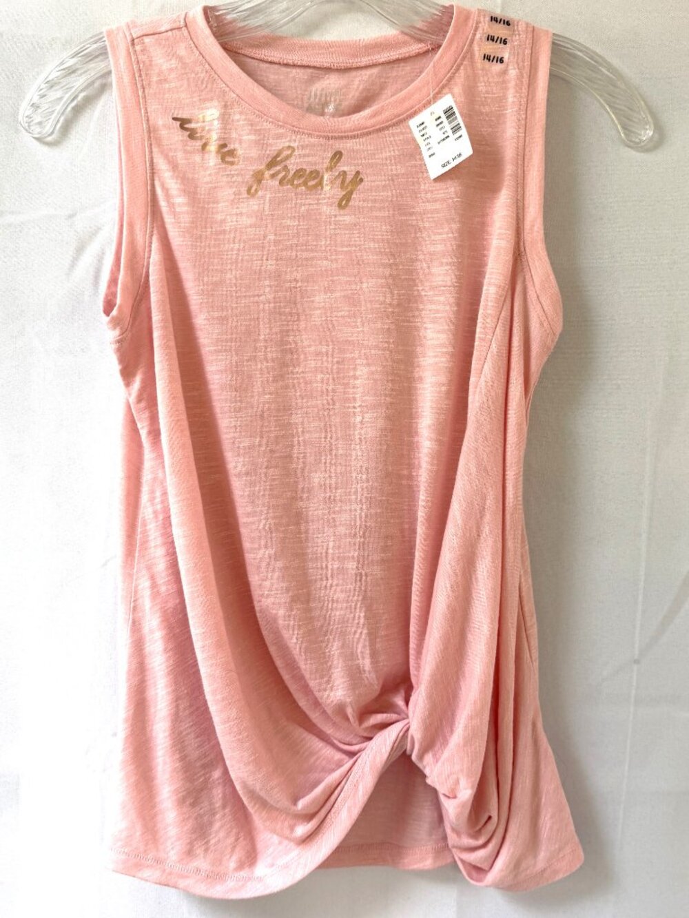 NWT Girls Justice Active Light Peach Tank Top "Live Freely", Size 14/16